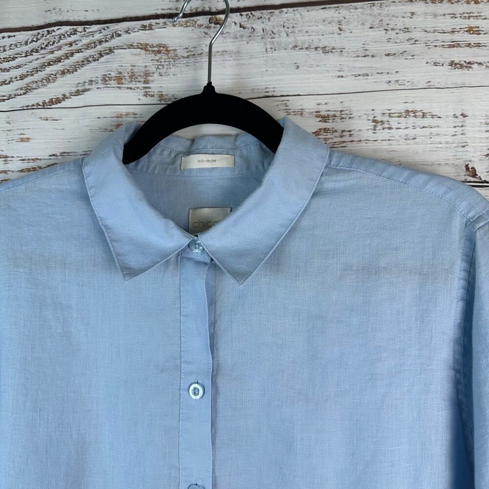 Womens Chicos No Iron 100% Linen Light Blue Button Up RollTab Sleeve Tunic Top L - Picture 3 of 6